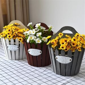 Wooden Wall Hanging Flower Pot Retro Pots Pail Holder By Garden Planter Home Decor Plant Y200709