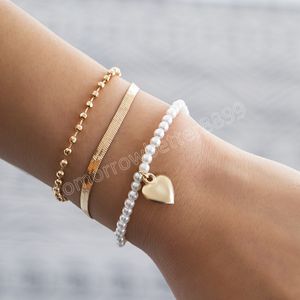 Braccialetti di perle di moda con catena di perle di metallo con catena a serpente color oro vintage per le donne Set di gioielli con bracciale a strati multipli Boho