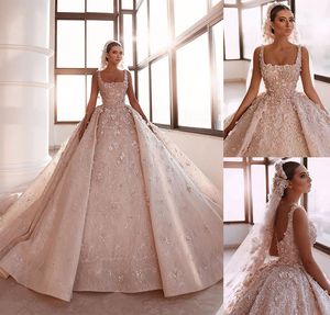 Abiti da sposa eleganti con fiori 3D e abiti da sposa con colletto quadrato Vestido de Noiva, abiti da sposa arabi Dubai senza maniche con perline