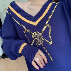 Bow Print Women Sweater Vintage V-Neck Long Sleeve Bullovers Autumn Winter Lazy Style Blue Slouge Sweater Tops 201224