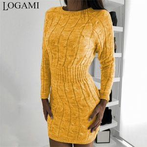 LOGAMI O Neck Knitted Sweater Dress Women Autumn Long Sleeve Wrap Mini Sexy Bodycon Winter Sweater Dress 201008