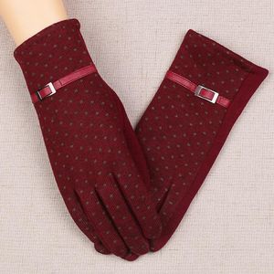 Five Fingers Gloves Autumn Winter Women Warm Leather Metal Button Dot Touch Screen Driving Glove Plus Plush Cotton Windproof Cycling Mitten