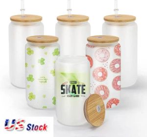 USA: s lager 16 oz sublimering av glas ölmuggar med bambu lock halmtumblers 16 oz diy tomma ämnen frostade clear cups värmeöverföring isade kaffeviskens glasögon