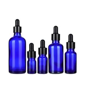 Flacone vuoto in vetro blu Spalla tonda Anello nero Fiale contagocce per olio essenziale Top nero Contenitore per imballaggio cosmetico ricaricabile 5ML 10ML 15ML 20ML 30ML 50ML 100ML