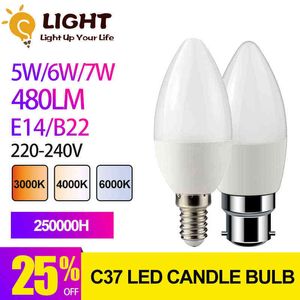 LED C37 3W 5W 6W 7W E14 B22 E27 220V 3000K 4000K 6000K Lampada Candle Bulb Living Room Home LED Bombilla for Home Decoration H220428