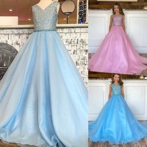 Crystals Girl Pageant Dress 2023 Ballgown AB Stone Organza V-Neck little Kid Birthday Formal Party Gown Toddler Teens Preteen ritze Light Blue Pink Zipper Back