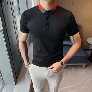 Business Social Casual Slim Camisa Hombre Kontrast Koszula Mężczyźni Krótki Rękaw Lapel Włochy Męskie Polos