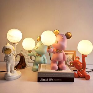 Pink Bear Cartoon Children's Table Lamp Living Room Bedside Bedroom Decor Spaceman 3D Moon Desk Light Boys/Girls Birthday Gift Lamps