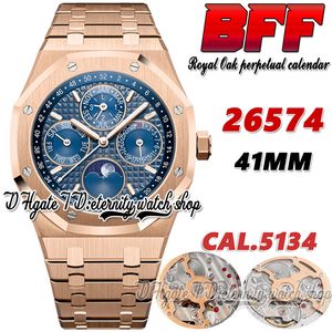 BFF BF26574 Сложная функция Cal.5134 BF5134 Автоматические мужские часы 41 -мм лунный фаза синий текстурированный циферблат Маркеры розового золота стальной браслет Eternity Watches