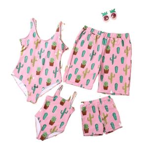 Family Matching Outfits Mother And Daughter Bikini Set Father Son Beach Shorts Boys Girls Swimsuit Summer Pink Cactus Print Swimwear