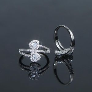 Iced Out Bling CZ Paved Heart Ring Girlfriend Lover Fashion Cute Double Heart Shape Bride Wedding Party Finger Rings Jewelry