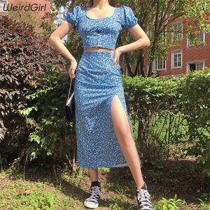 Frauen florale Drucksets zwei Stücke schlank kurzschleizte T -Shirt -Schlitz Hochtaille Paket Hüftröcke 2020 Sommer Femele Bodycon Anzüge