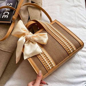 حقائب المساء السيدات قش اليد الصيف بوهيمي شاطئ الأزياء لؤلؤة الشريط Crossbody تصميم الكتف عالية السعة 220513