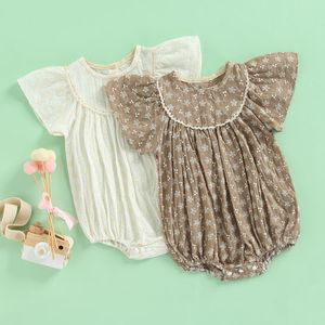 Rompers 0-3Years Toddler Baby Girl Summer Bodysuit Off Shoulder O-Neck Lace Flower Jumpsuit 2ColorsRompers