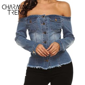 Women Blouse Chic Denim Women Shirt Spring Summer Long Sleeve Sexy Off Shoulder Button Double Pocket Jean Distress Women Tops 210702