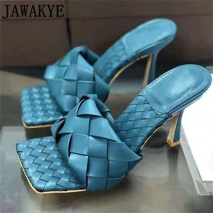 GAI GAI GAI Sexy Cross Woven High Heel Women Slippers Blue Braided Open Toe Slides Slip on Ladies Shoes Summer Designer Sandals Y200423