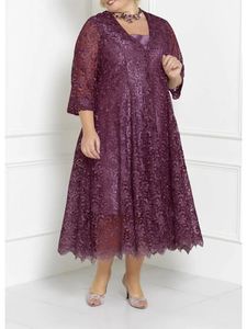 Tvåbiten mantelmor av brudklänningarna passar plusstorlek Elegant fyrkantig nacke Tea Längd Lace 3/4 Långärmad Groom Mothers Wedding Party Gowns 2022