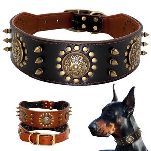 Leather Large Dog Collar Pitbull Spiked Studded Collars for Medium Large Big Dogs Genuine Leather Durable Pet Collar 201030