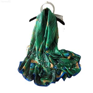 Visual Axes Designer Silk Scarf Women Printing Peacock Feathers Scarves en Wraps Luxury Brand Foulard J220721
