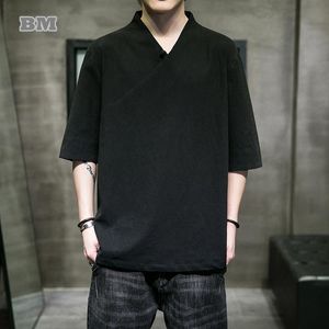Camisetas para hombres Vestido tradicional tradicional chino Camiseta de cuello en V Ropa para hombres 2022 Summer Plus Size Manga de cinco puntos Hanfu Black Fino Lino a