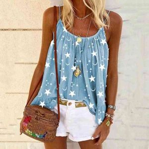 Women Camisole T-shirt Star Moon Print Spaghetti Strap Blouse U-neck Sleeveless Summer Vest Women Tops Oversized T-shirt Blusas G220414