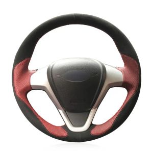 DIY handsömt svart mocka vin rött läder bil ratt för Ford Fiesta 2008-2017 ECOSPORT 2014-2017 Automotive Interior