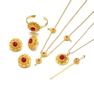 Earrings & Necklace Ethiopian Red Cubic Zircon Stone Gold Jewelry Sets For Ethiopia Women Hair Accessories Necklaces Bangles Free Size Ring
