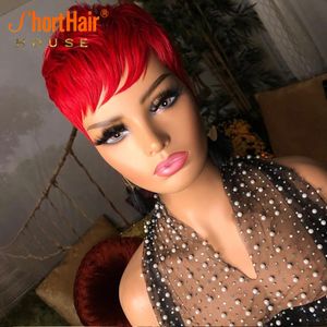 Red Color Short Bob Pixie Cut Wig Full Machine Made No Lace Front Human Hair Wigs With Bangs For Black Women