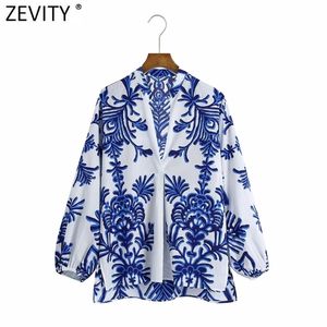 Zevity Women Vintage Blue Totem Floral Print Smock Blouse Office Ladies Business Casual Shirt Chic Loose Blusas Tops LS9468 220407