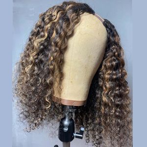 Curly u Teil Perücke Highlight Black Wurzel Honig Blonde Glueless Upart Human Hair Perücken Ombre farbige dunkle Wurzeln gegen Teile Perücken für Frauen