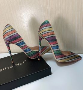 Дизайн-повседневный дизайнер Sexy Lady мода женская обувь полоса многоцветный блеск заостренный носок ступеньки стриптизерша высокие каблуки выпускные вечеринки