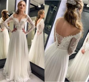 Boho Wedding Wspaniałe sukienki Suknia ślubna z długimi rękawami koronkowe aplikacje długość podłogi Tiul na zamówienie plaży Vestido de novia