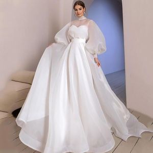 Suknia ślubna o wysokiej szyi Organza Long Puff Sandy Bride Suknia prosta A-line i czyste Vestido de Novia 2023