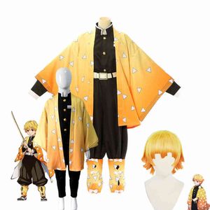 Аниме демона убийца Kimetsu нет Yaiba Agatsuma Zenitsu Kimono Halloween одежда косплей костюм AA220324