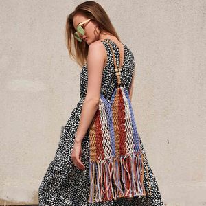 ボヘミアンタッセルフィッシュネット女性ショルダーバッグカラフルなロープ織物織りハンドバッグ
