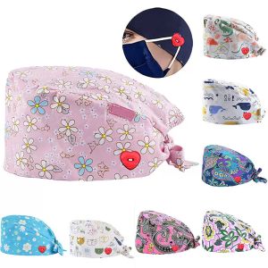 Clearance Pattern Scrub Cap Stampa Cappello da lavoro Cotone Donna Uomo Estetista Cappellini da cuoco a prova di polvere