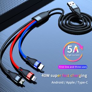 5a High Current 3 i 1 flätade datakablar 40W Super Fast Charging Split Line Android Apple Type-C Första raden och tre använder extremt stödbelysning med förpackningar