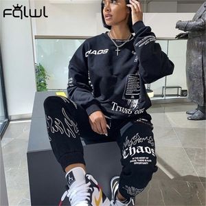 FQLWL Letter Print Loose 2 Two Piece Set Women Outfit Streetwear Tracksuit Oversized Sweatshirt Joggers Women Pants Matching Set T201031