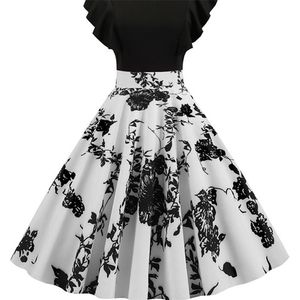 Black White Patchwork Floral Print Summer Dress Women Petal Sleeve Dot Vintage Robe Casual Rockabilly Party Vestidos 220418