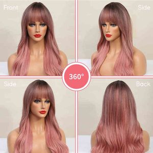 U. Shine Long Body Wave Ombre Brown Pink Synthetic Wigh with Bangs Womant for Women Cosplay 가발 내열 220622