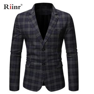 Riinr Autumn Arrival Blazer Men Slim Button Suit Plaid Turndown Collor Tops Men Blazer Hombre Plus Size 3XL 201104