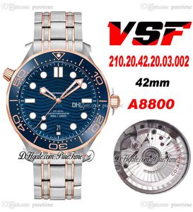 VSF V2 Diver 300m A8800 Automatyczne męże Watch Dwucie różowe złoto ceramika ramka niebieska fala Tekstura Wybierz Bransoletę ze stali nierdzewnej 210.20.42.20.03.002 Super Edition Puretime