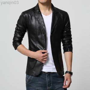 2022 Fashion New Men Casual Boutique Suit Leather Jacket/Man Solid Color Business Collar Pu Blazers Long Sleeve Dress Jacket L220801