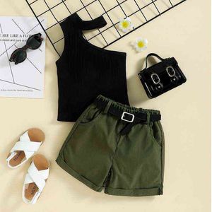 New baby clothes girls knitted slanted shoulder hanging neck pit strip top girl baby elastic waist shorts two-piece suit G220517