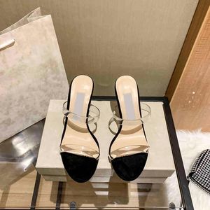 Sandaler glider kvinnor höga klackar mode eleganta stilettpumpar transparent randiga bältesstrand tofflor designer skor 220331