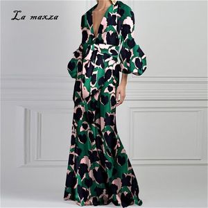Plus Size Women Dress Vintage Elegant Party Dresses Casual Long Sleeve Print Maxi Dress LJ200818