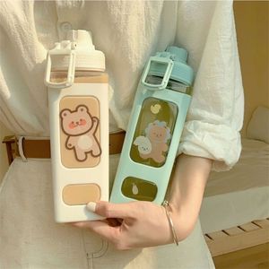 900ml Kawaii Bear Water Bottle With Straw Sport Plastic Portable Square Drinking For Girl Cute Juice Tea Cups 220509
