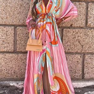 サマープリントのカジュアルレディースドレス特大のホリデービーチドレス自由hohoロングカバーアップドレス女性長袖ルーズチュニックドレス220621
