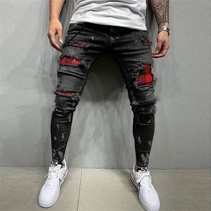 Erkekler boyalı streç skinny jeans ince fit yırtılmış sıkıntılı kıvrımlı diz yama kot pantolon marka erkekler için gündelik pantolon 220726