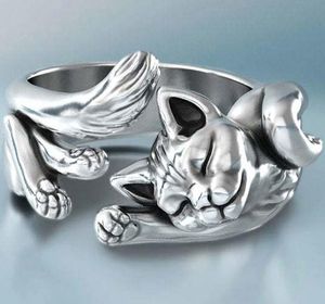 Vintage Cat Ringar Kvinnor Smycken Födelsedagspresent Trendig Öppen Storlek 925 Sterling Silver Ring Girl Party Accessores GC892